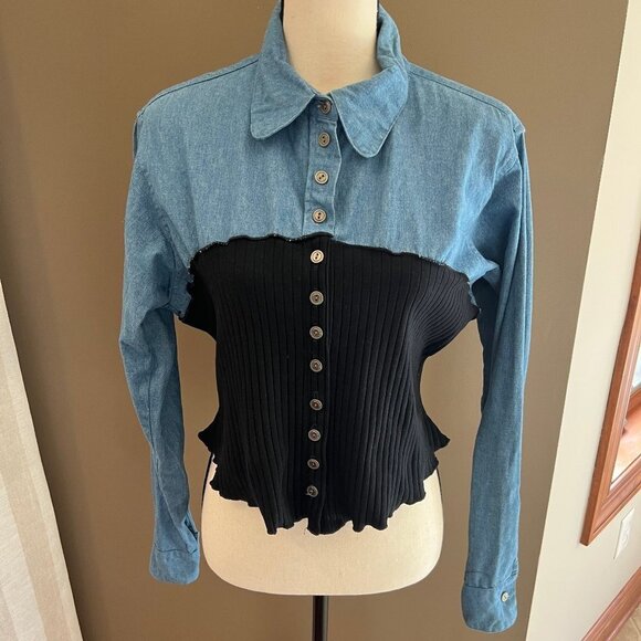 Vintage Women's Denim & black stretch button down top, Size Large - Picture 1 of 6